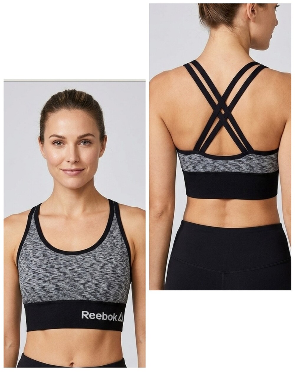 Reebok women's black & gray sports bra strappy Criss Cross straps size small